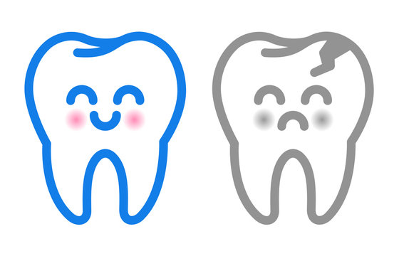 Vector cute healthy cartoon tooth and tooth decay isolated on white. Toothache