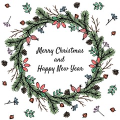 Hand draw Christmas wreath with christmas tree twig, herbs, physalis, pinecone, barberry and dog rose on white background. Design for your greeting cards, banners, flyers. Vector illustration
