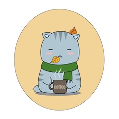 Gray tabby cat with green scarf and coffee cup