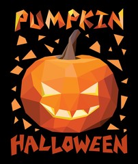 Low poly Halloween pumpkin on black background. Poligonal vector illustration.