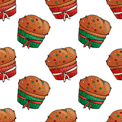 Seamless pattern with Christmas deserts on white background. New year cakes. Endless print. Vector illustration.