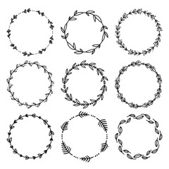 Set of hand drawn floral wreaths. Round frames. Good for invitation, greeting cards, quotes, wedding design. Vector illustration isolated on white background.