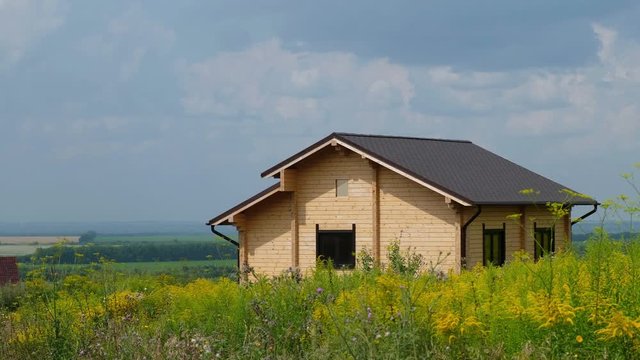 Video of country landscape with yellow Solidago canadensis flowers and wooden house is on background.