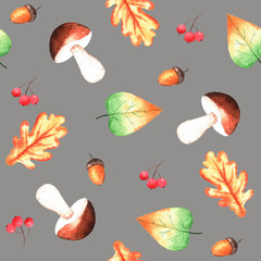 Watercolor autumn seamless pattern. Hand-drawn texture with leaves, acorns, berries, and mushrooms. Hand painted watercolor illustration on dark background.