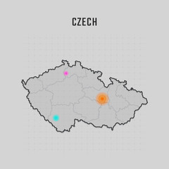 Map of Czech with all states and radar spot on map. Each city has separately for your design. Vector Illustration