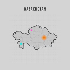 Map of Kazakhstan with all states and radar spot on map. Each city has separately for your design. Vector Illustration