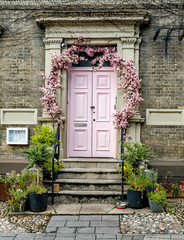 Fototapeta na wymiar Ornate doorway with a pink wooden door