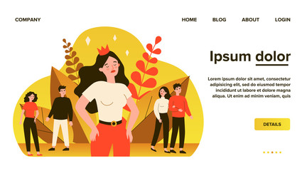 Selfish girl and society flat vector illustration. Arrogant young woman not seeing angry people. Social problem and communication concept.