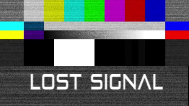 Lost signal text on vintage tv color bars technical glitch loosing image on analog noise