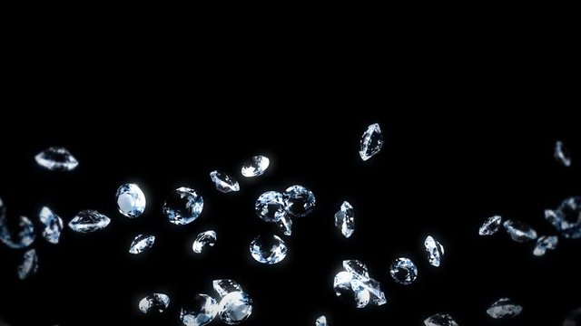 Flying many jewelry diamonds on black background. Shine transparent, Precious gem. 3D animation of brilliant diamonds rotating. Loop animation.
