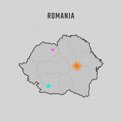Map of Romania with all states and radar spot on map. Each city has separately for your design. Vector Illustration