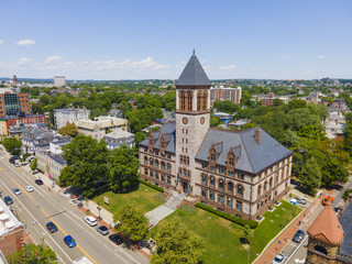 Cambridge City Hall aerial view on Massachusetts Avenue in downtown Cambridge, Massachusetts MA,...