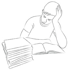 Sketch of a guy leaning over books, teenager preparing for exams
