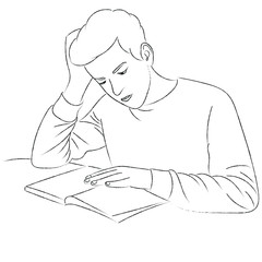 A sketch of a guy who is sitting at a table and reading a book