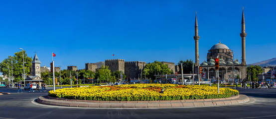 Cumhuriyet Square view with flowers in Kayseri City of Turkey