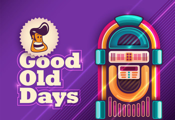 Cartoon style vintage background design with jukebox. Vector illustration.