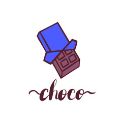 Chocolate bar icon brown blue isolated on white background. Outline hand drawn print. Sweet candy delocious dessert.