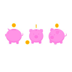A set of a piggy bank with coins in flat style isolated on white background. 