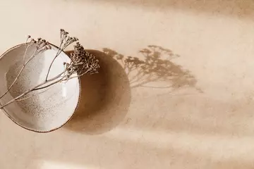 Fotobehang Minimalistische keramische kom met droge plant over kraftpapier achtergrond. Ruimte kopiëren, plat leggen. © Edalin