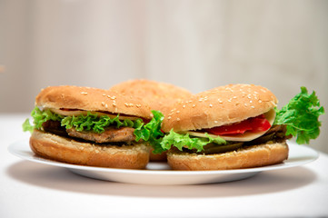 Fresh homemade burgers on wooden serving board with onion rings. White background, selective focus, copy space