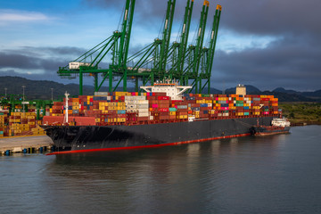 Container ship loading and unloading in Colon Container Terminal. View of a Container cargo ship in...