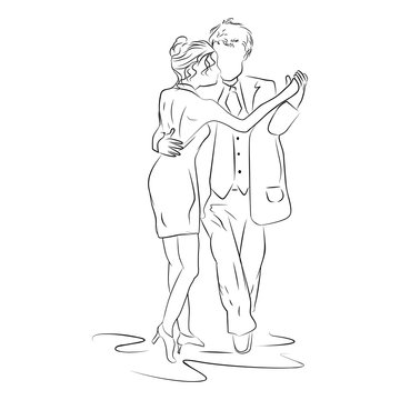 recommend clip art: Tango dancing pair silhouette isolated on white background. Sketch of dancing couple in line style. Couple dancing ballroom love dance. Happy loving couple. Romantic scene in a passionate dance.Vector