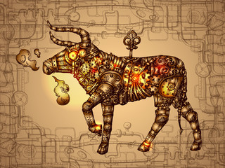 Mechanical bull. Hand drawn vector steampunk animal