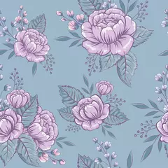Stof per meter Seamless floral pattern with pink roses and beautiful twigs on a light blue background in vector hand drawn cartoon style.  ©  Rita_rosiii