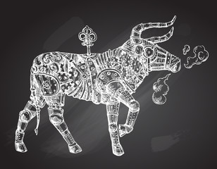 Mechanical bull. Hand drawn vector steampunk animal
