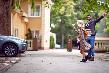 Fototapeta premium Father and daughter walking to the school
