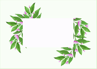 Small pink flower and green leaves around rectangle open space frame painting watercolor illustration vector