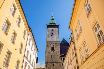 Fototapeta na wymiar Tower of the Church of St. James the Greater, Jihlava, Czech Republic. July 05, 2020