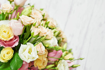 Flowers for women's day. Mother's day greeting card. Bouquet of flowers eustoma and roses in vase. Happy Birthday! Valentine's day gift. 14 February. I love you concept. Flower delivery. Flower shop