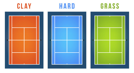 Vector Illustration set Of Tennis Court with different surface. Top View. - obrazy, fototapety, plakaty