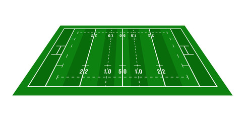 Perspective green rugby field. View from above. Rugby field with line template. Vector illustration stadium.