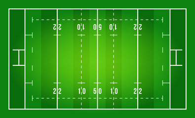 Flat green Rugby field. Top view of rugby field with line template. Vector stadium.