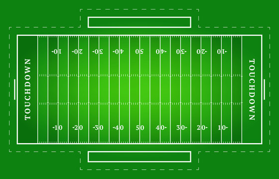 Flat green american football field. Top view of rugby field with line template. Vector stadium.