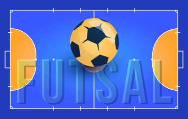 Field for futsal with ball and text. Orange Outline of lines futsal field Vector illustration.