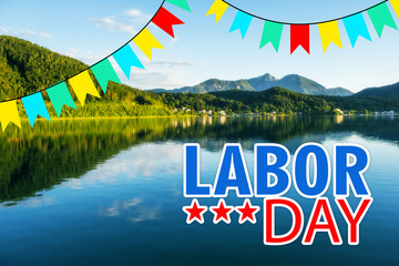 happy labor day card with beautiful landscape and flags