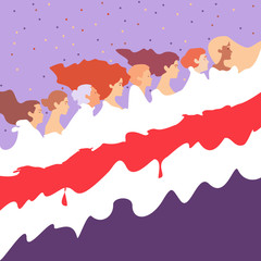 Belarus women standing together and covering by Belarus opposition flag. Activist, support, symbol peaceful protest. Long Live Belarus. White and red belarusian flag. Vector illustration.