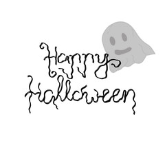 Hand written lettering Happy Halloween with ghost on white background