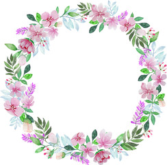 Naklejka na ściany i meble Light vintage pink flower and green leaves wreath painting watercolor illustration vector