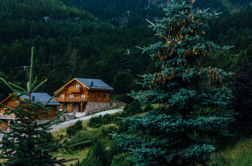 Two cottages of several floors in the mountains between the trees