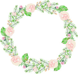 Light vintage pink flower and green leaves wreath painting watercolor illustration vector