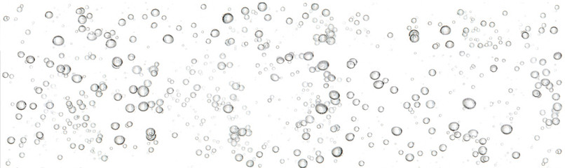 Black bubbles in a clear liquid under water flowing up to the surface, isolated on a white...