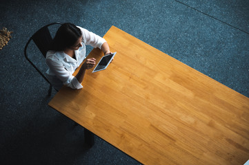 two people talking on table and keep distance, social distancing concept