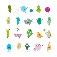 Fotobehang Funny and scary bacteria characters isolated on white. Vector icons of gut and intestinal flora, germs, virus. © Kudryashka