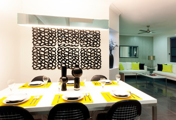 Trendy modern dining room and dinner table