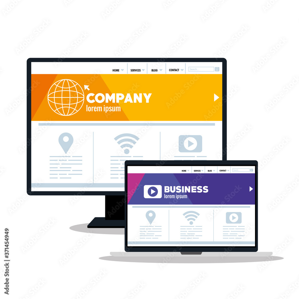 Wall mural mockup responsive web, concept website development in computer and laptop vector illustration design