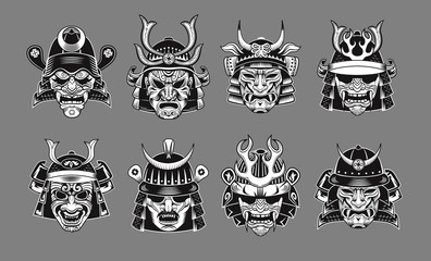 Japanese samurai black masks flat icon set. Japan traditional vintage warrior or fighter clipart isolated vector illustration collection. Military art and design elements concept